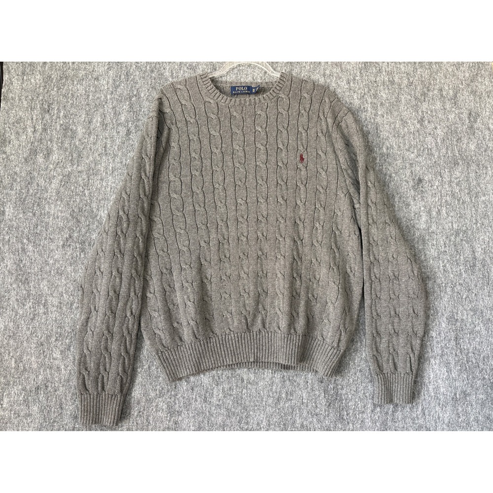 Polo Ralph Lauren Mens XL Grey Cable Knit Cotton Crewneck Sweater Red Pony Logo